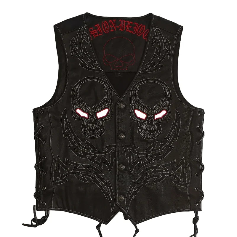 Black Four Seasons Leather Vest Men Sports Style Plus Size 5XL Genuine Natural Cowhide Single Breasted Skulls Embroidery Vest
