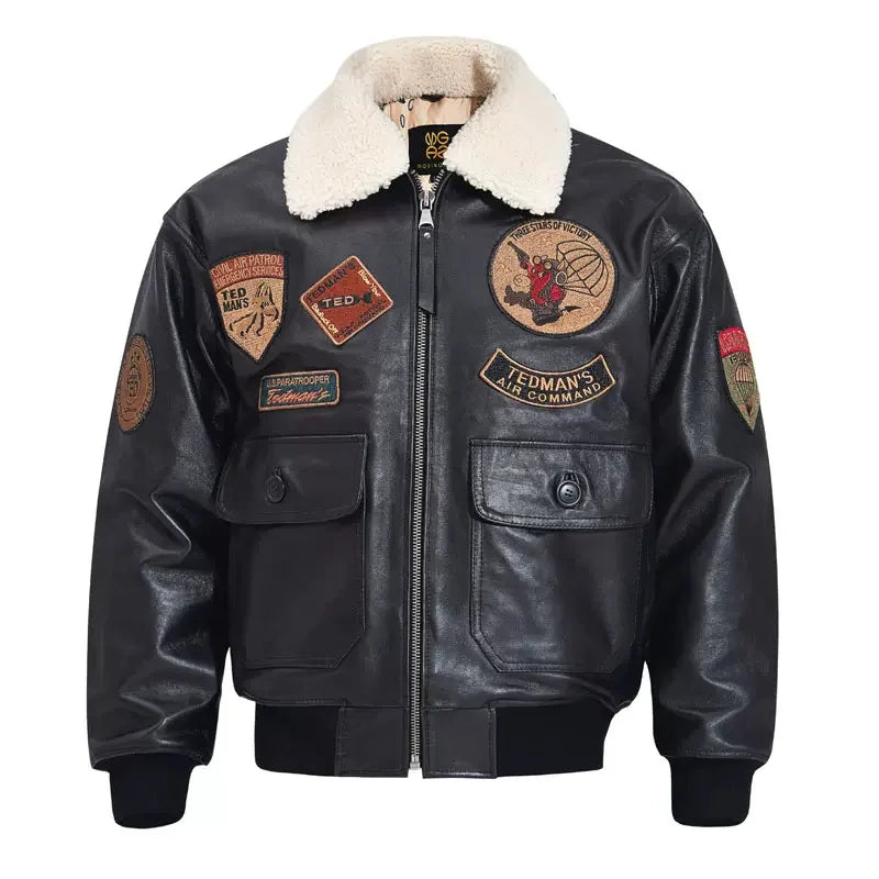 Black Winter Leather Jacket Men Retro Style Europe Size Genuine Natural Thick Sheepskin Turn-Down Collar Military G1 Flight Coat