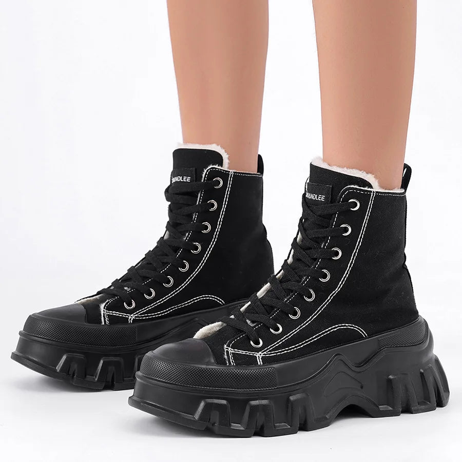 Winter Warm Thick Bottom High Top Canvas Boots Women's Shoes Large Size Black Lace-Up Short Boots Heightening Modern Dance