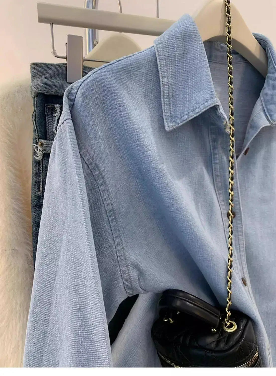 Retro Blue Shirt Women Early Spring Autumn Casual Long Sleeve Shoulder Bared Inner Wear Loose Outerwear Shirt Jacket