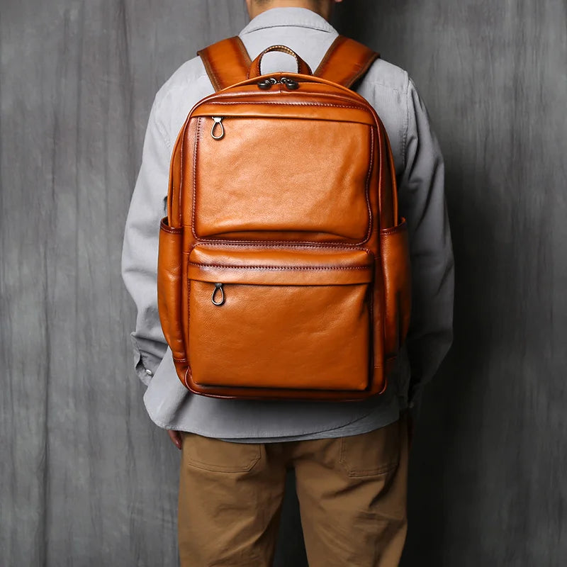 NZPJ Genuine Leather Men's Backpack Retro Top Layer Cowhide Casual Computer Bag European And American Fashion Travel Bag
