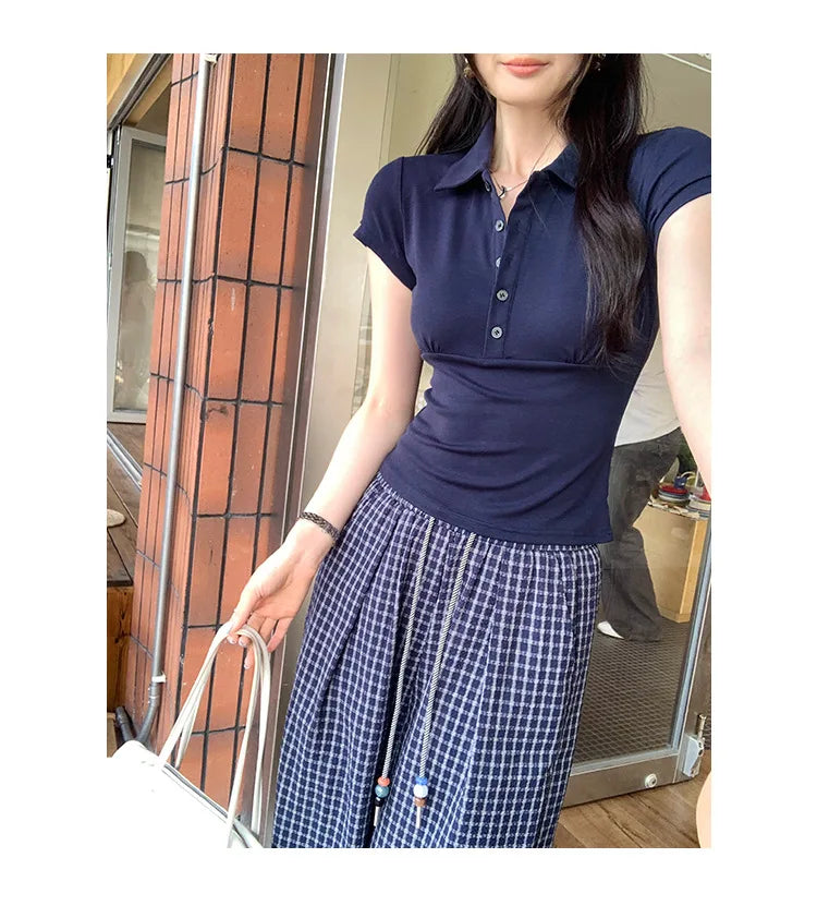 American Style Collared Short Sleeve T-Shirt Women Summer Slim Fit Flattering Short Length Fashionable Casual Commute Wear