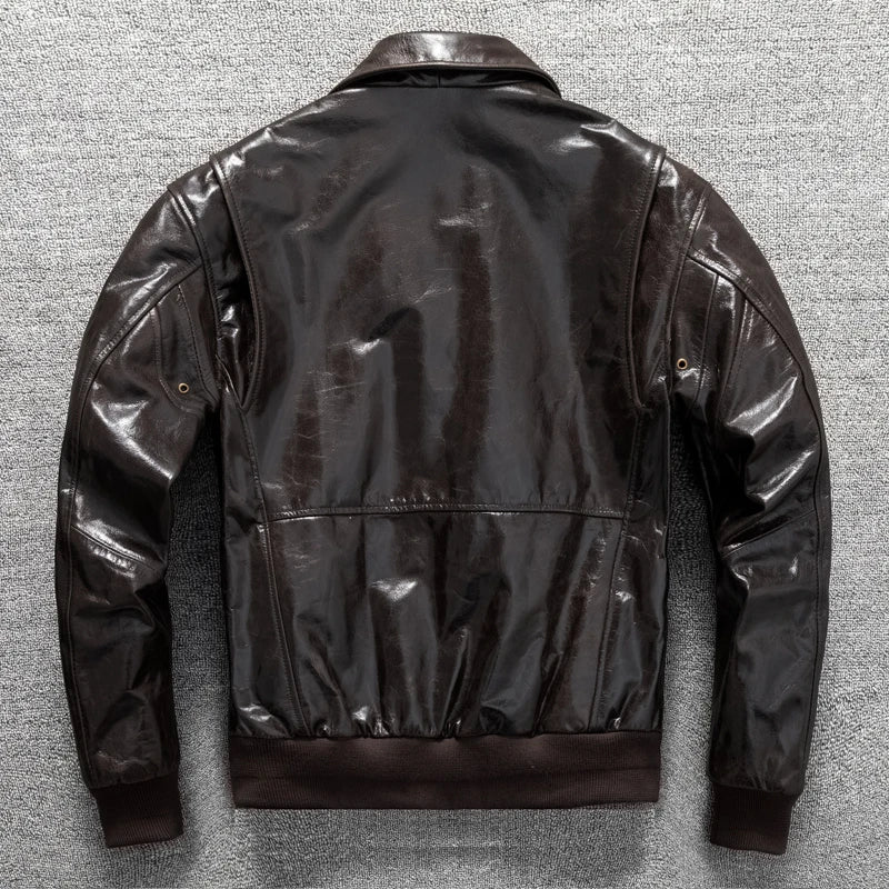 Men's Genuine Leather Military Flight Jacket | Real Leather Embroidered Patches G-1 Bomber Pilot High-Gloss Oil-Wax Brown