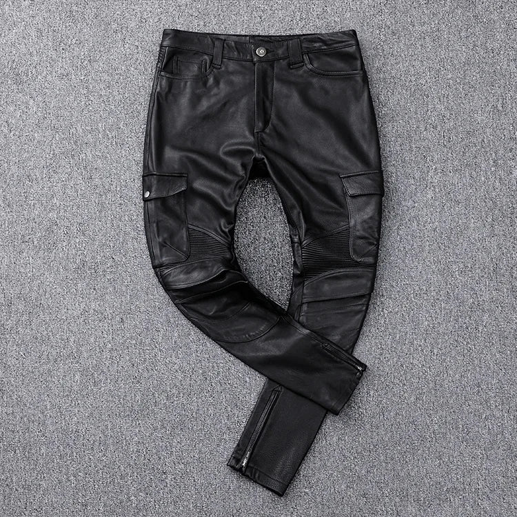 Black Winter Leather Trousers Men Vintage Style Plus Size 4XL Real Natural Thick Cowhide Add Protection Device Motorcycle Pants