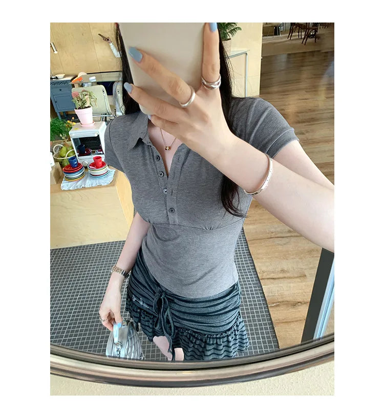 American Style Collared Short Sleeve T-Shirt Women Summer Slim Fit Flattering Short Length Fashionable Casual Commute Wear