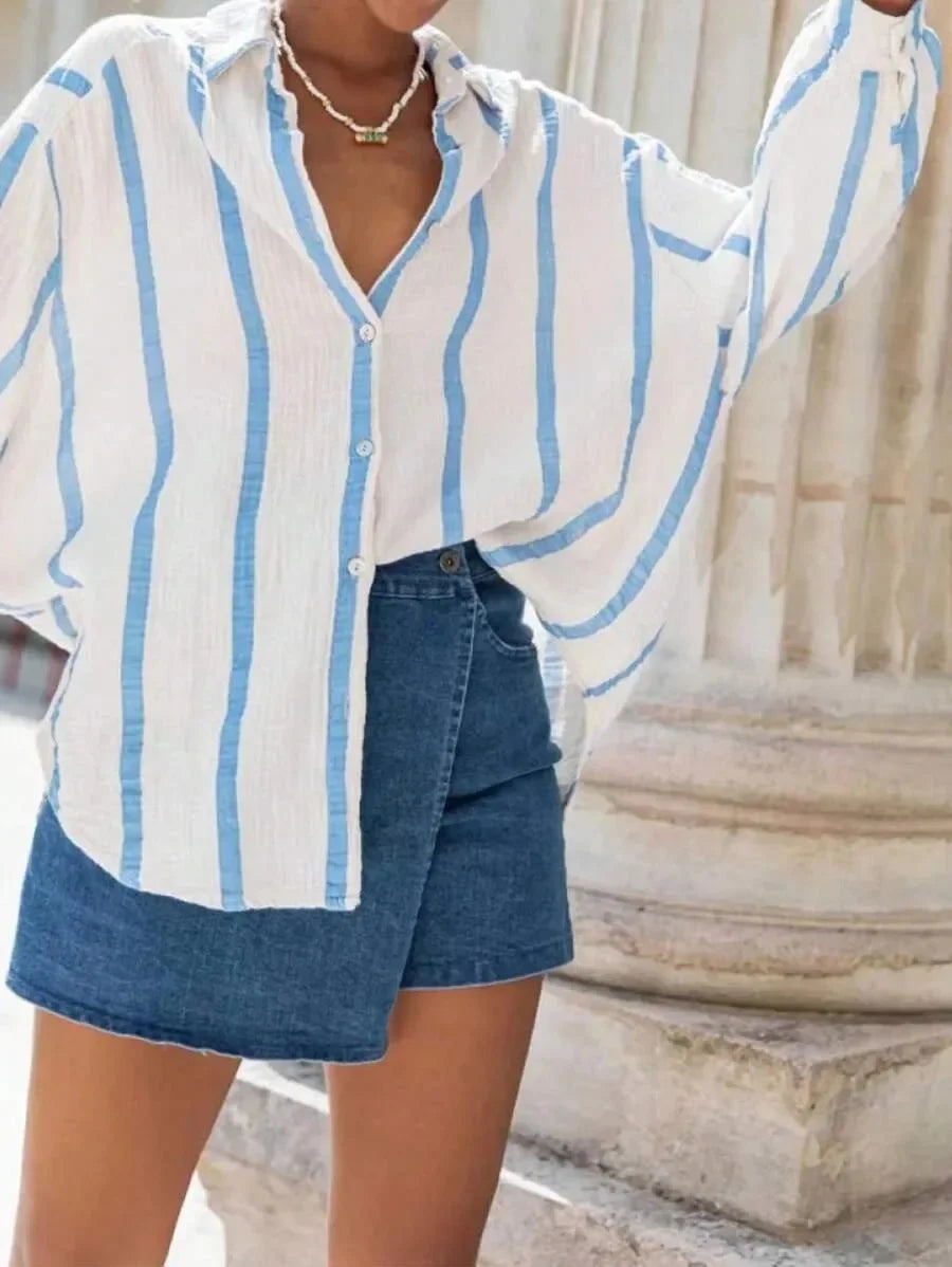 Women's Long Sleeve Button Cardigan Striped Shirt Slim Fit Polo Collar Full Length Autumn Winter New Style Cross Border Independ