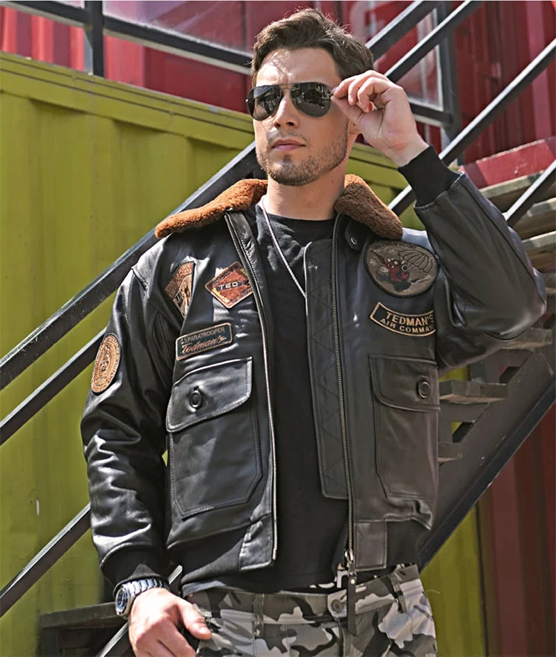 Black Winter Leather Jacket Men Retro Style Europe Size Genuine Natural Thick Sheepskin Turn-Down Collar Military G1 Flight Coat