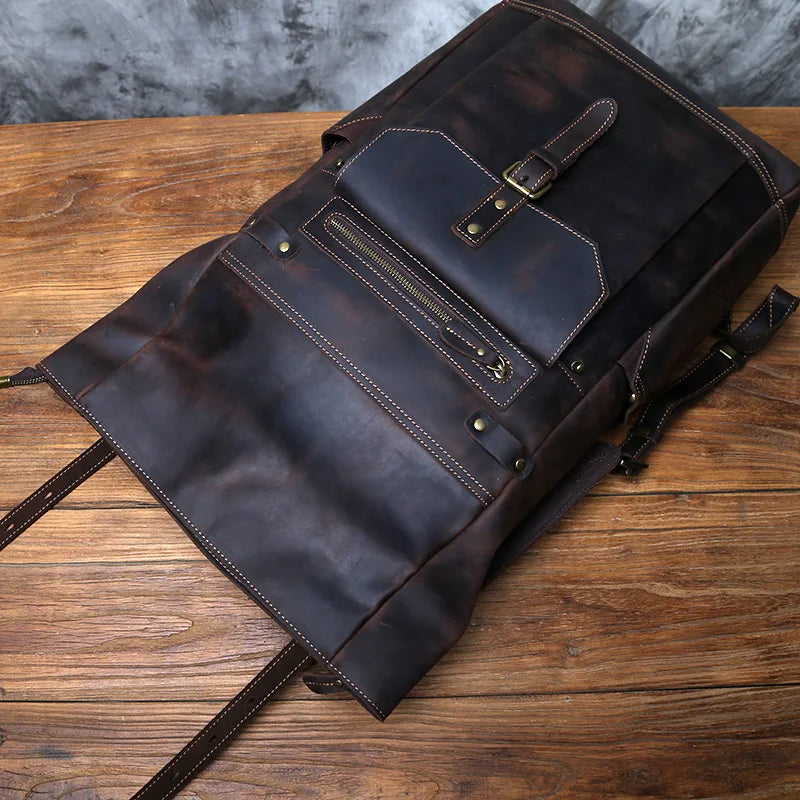 NZPJ Vintage Genuine Leather Men's Backpack Crazy Horse Leather Computer Bag Natural Top Layer Cowhide Backpack Travel Bag