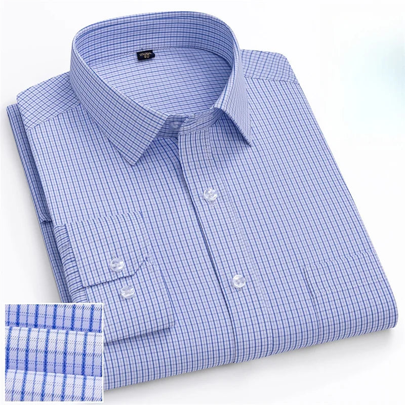 Men Formal Shirt Long Sleeve Office Solid Color Striped Fashion Business Pocket White Social Shirt Men's Clothing 5XL 6XL
