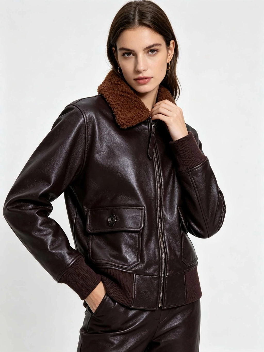 Dark Brown Autumn Leather Jacket Women Retro Style Plus Size 3XL Genuine Natural Cowhide Wool Collar Military G1 Flight Coat