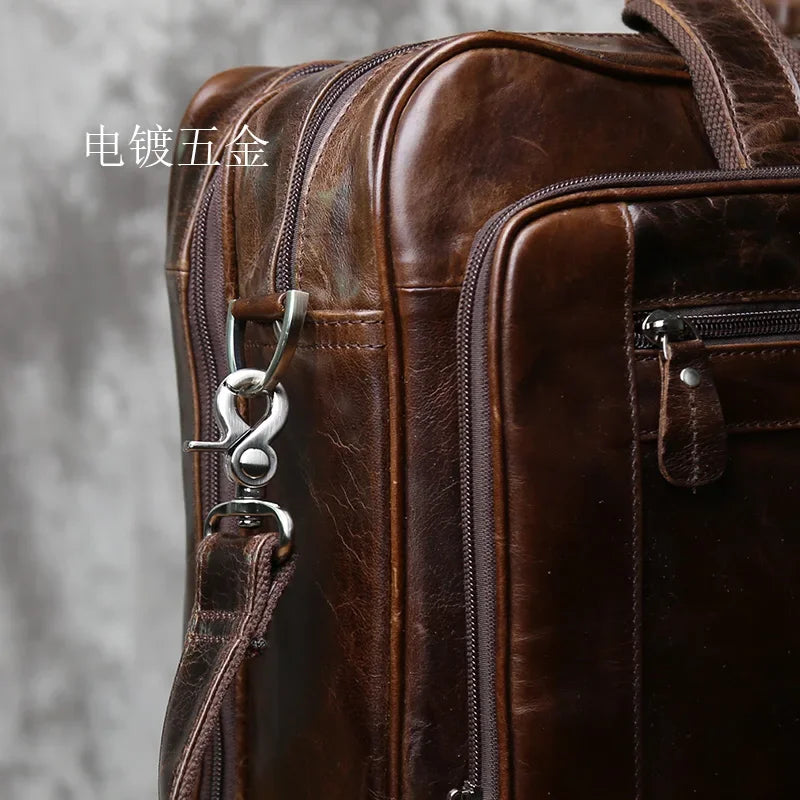 NZPJ Vintage Top Layer Cowhide Leather Men's Briefcase Large Capacity Handbag Business Casual Single Shoulder Slant Computer Bag