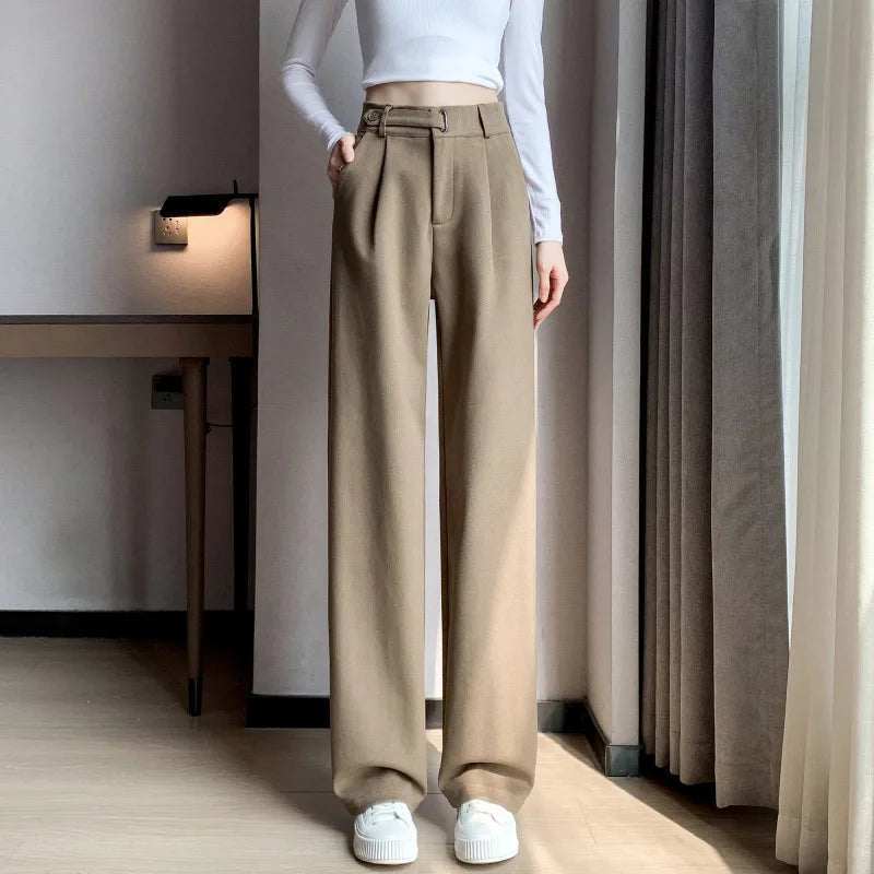 Thickened Fleece Lined Winter Wide Leg Pants High Waist Floor Length Straight Cut Casual Trousers for Women Woolen Suiting