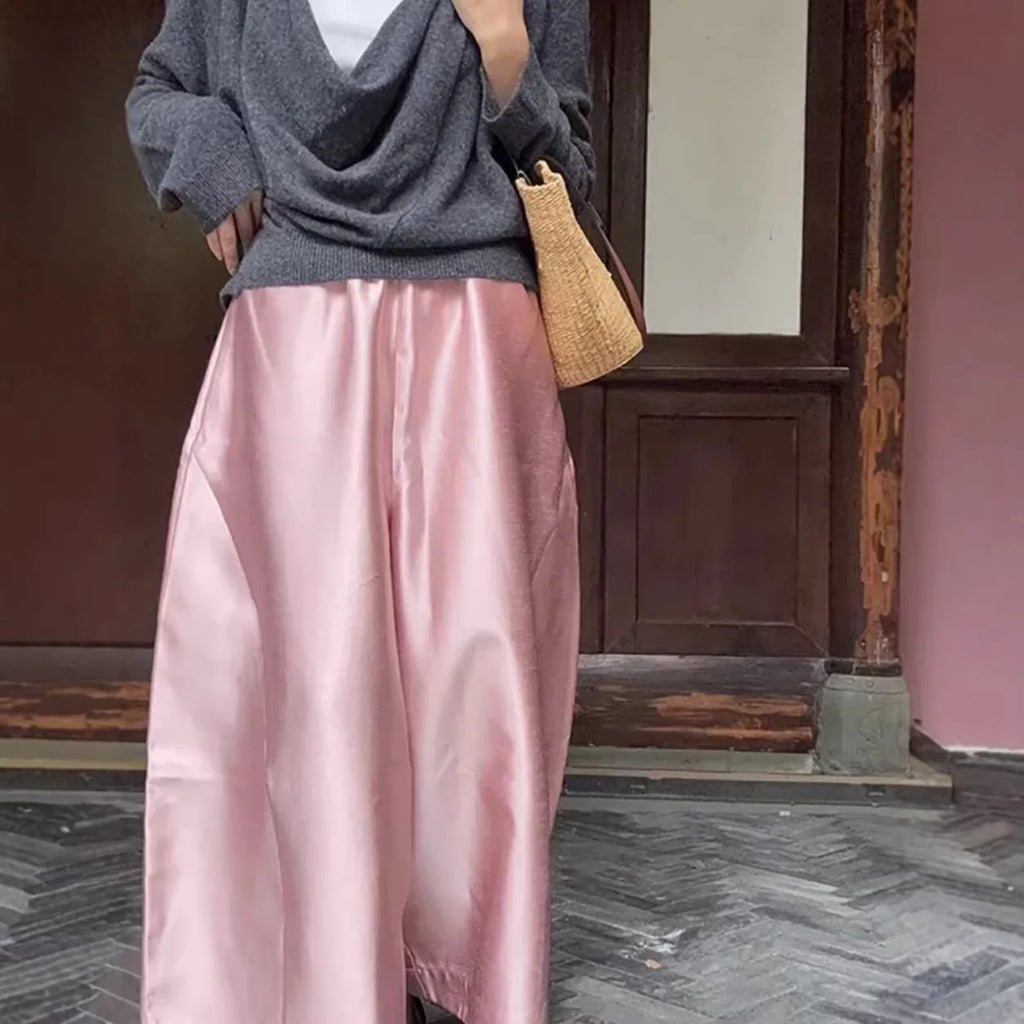 New Chinese Style Nine-Piece Silk-Light Casual Pants Women's Loose Fit Trousers in Peach Blossom White Elegant And Retro