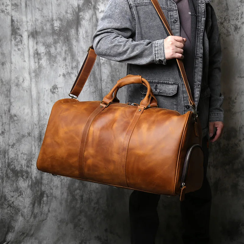 NZPJ Retro Crazy Horse Leather Men's Large-Capacity Travel Bag Leather Luggage Bag Top Layer Cowhide Handbag Shoulder Bag