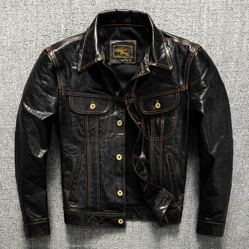 Black Autumn Leather Jacket Men Retro Style Plus Size 5XL Genuine Natural Sheepskin Turn-Down Collar Single Breasted Denim Coat