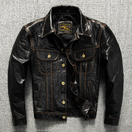 Black Autumn Leather Jacket Men Retro Style Plus Size 5XL Genuine Natural Sheepskin Turn-Down Collar Single Breasted Denim Coat