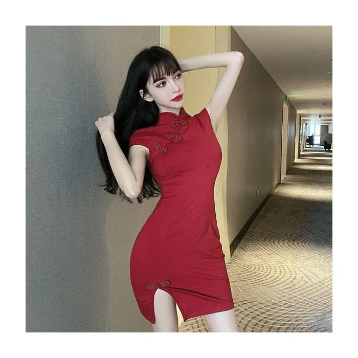 Young Women's Improved Cheongsam Dress Black Slimming New Chinese Style Short Sleeve Midi Dress with Shawl for Summer