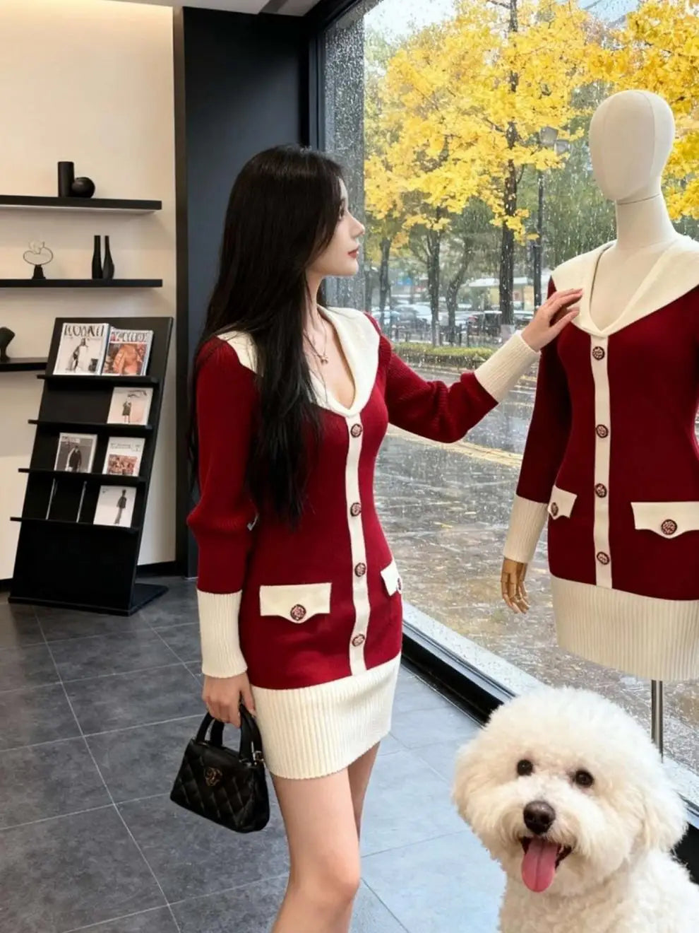 Elegant Knitted Wrap Dress Hepburn Style High Collar Button Slim Fit mid Length Polyester Fabric Commute Style Long Sleeve