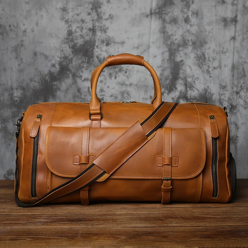 Vintage Genuine Leather Men's Travel Bag Crazy Horse Leather Duffel Bag Large Capacity Top-Layer Cowhide Handbag Crossbody NZPJ