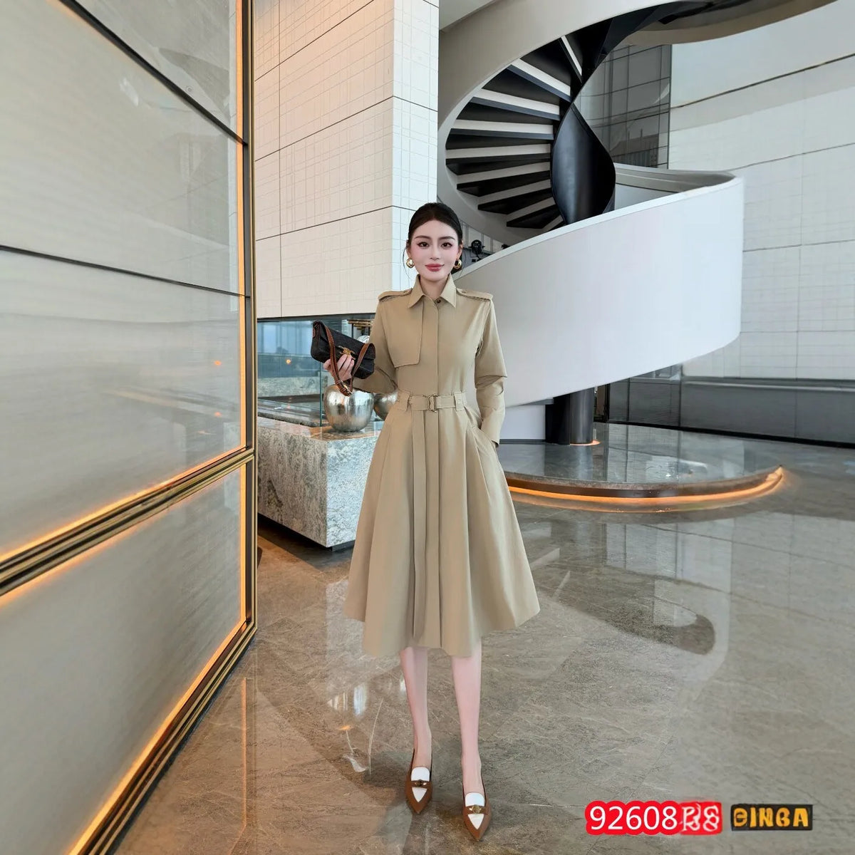 Blue Khaki Waist-Cinching Long Sleeve Midi Dress Women's New Style French Elegant Coat Dress Cotton Pure Color A-Line Skirt
