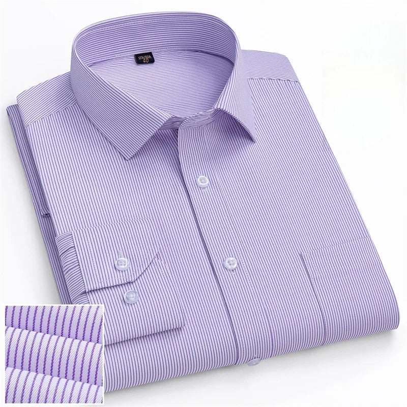 Men Formal Shirt Long Sleeve Office Solid Color Striped Fashion Business Pocket White Social Shirt Men's Clothing 5XL 6XL