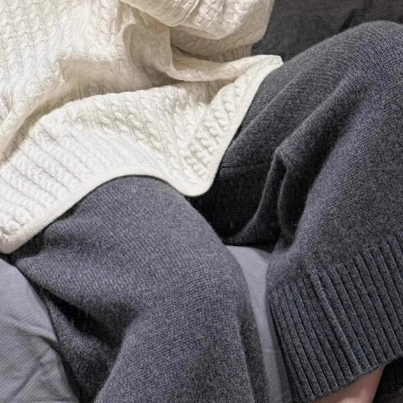 Gray Woolen Knitted Wide Leg Pants Women's Casual Straight Leg Sweatpants Small Size Comfortable Loose Fit Autumn Winter
