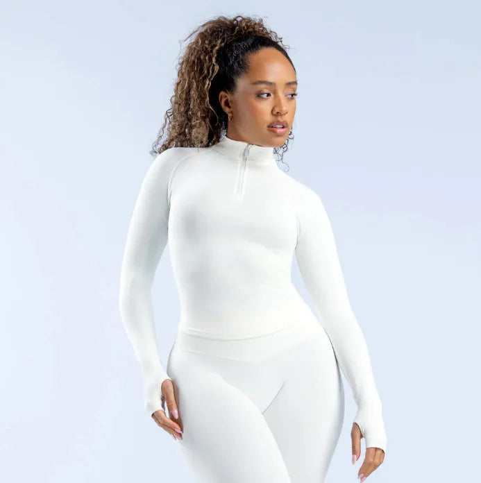 DFYNE Ultra Soft Nylon Fabric Long Sleeve Yoga Top Tight Fitness Outfit 1/4 Zipper Style Full Dull Finish Elastic T-Shirt