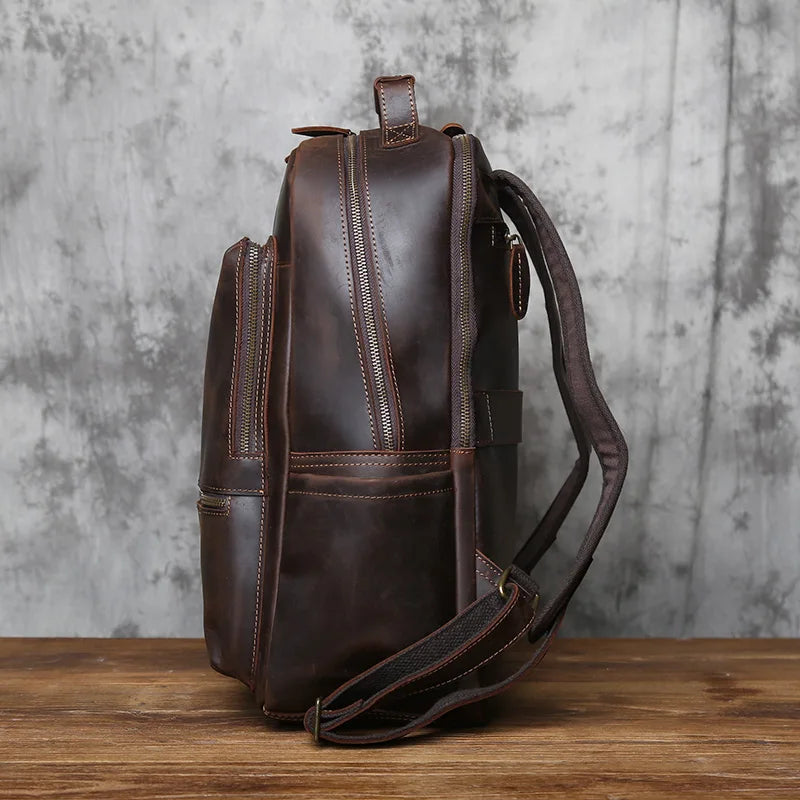 NZPJ Vintage Genuine Leather Men's Backpack Top-Grain Cowhide Large-Capacity Travel Backpack Crazy Horse Leather  Laptop Bag