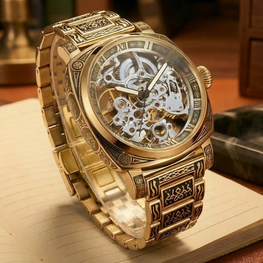 A men's fashion gentlemen's elegant pentagram rose gold and steel mechanical watch