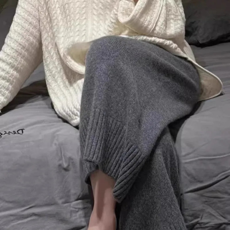 Gray Woolen Knitted Wide Leg Pants Women's Casual Straight Leg Sweatpants Small Size Comfortable Loose Fit Autumn Winter