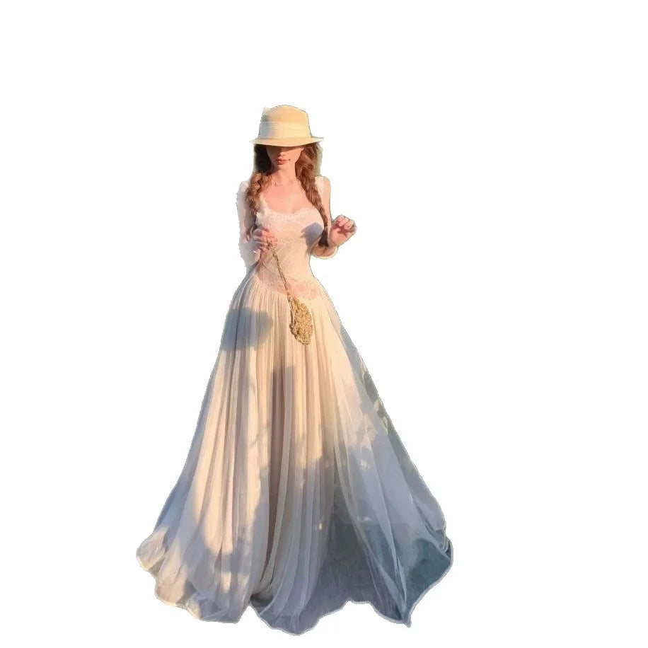 Elegant Lace Backless Strap Dress Women's Gentle Vacation Style Long Dress Sexy Beach Holiday Dress Polyester Fabric High Wai...