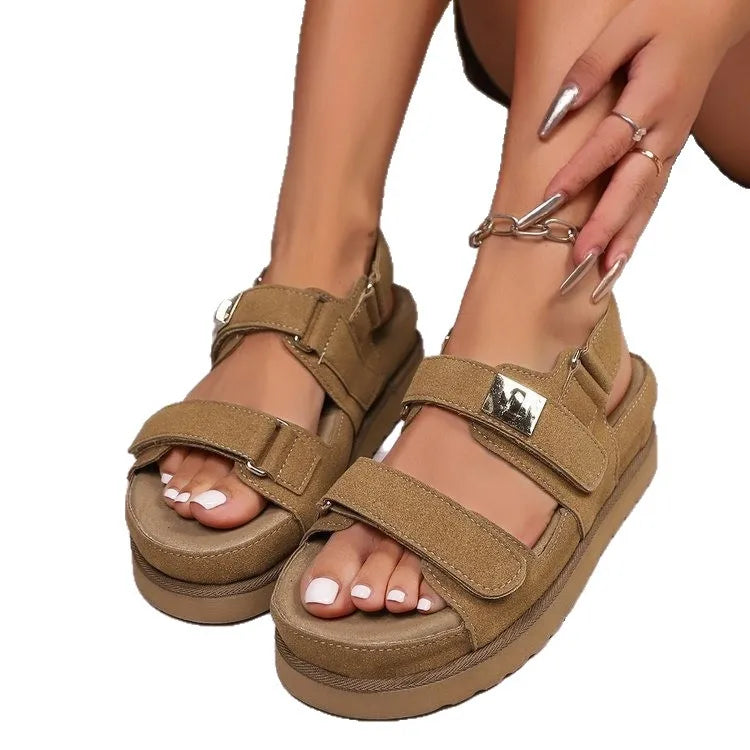 Thick Heel Magic Stick Large Size Beach Sandals Summer New Platform Born Women's Shoes Velcro Roman Style round Toe Retro Style