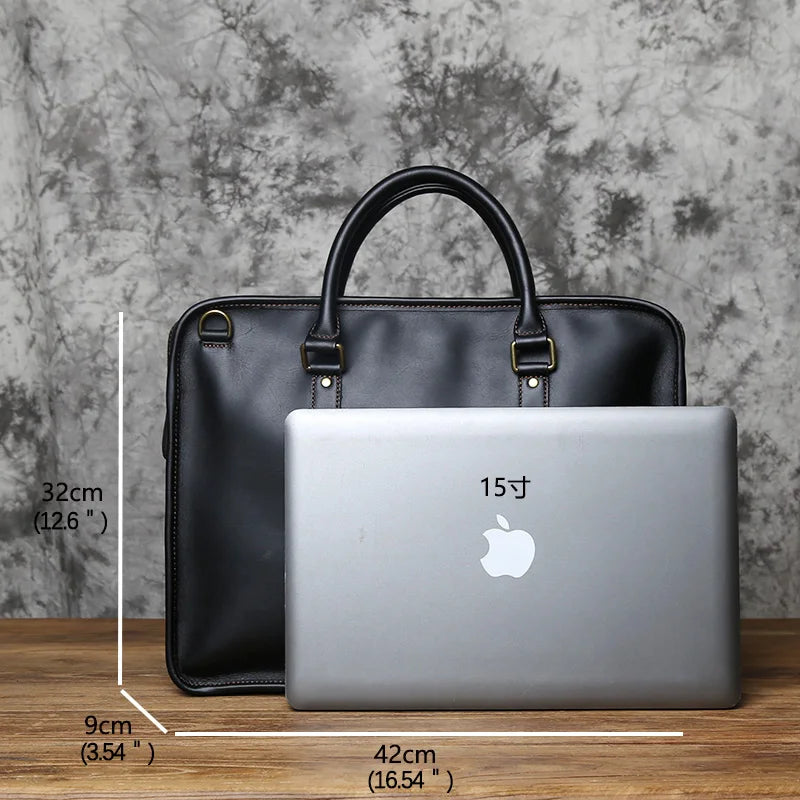 NZPJ Men's Briefcase Leather Handbag Retro Top Layer Cowhide Laptop Bag Crazy Horse Leather Shoulder Messenger Bag Luxury Bag