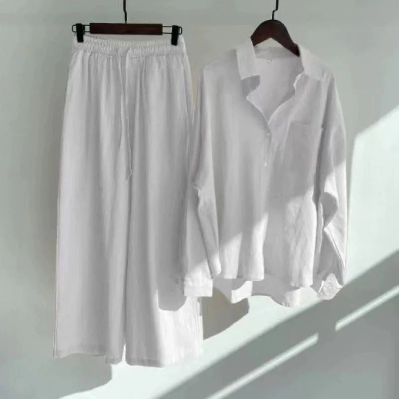Retro Large Size Cotton Linen Shirt Set High Waist Loose Pants Two Piece Set Women's Clothing Casual Fashion Summer Season