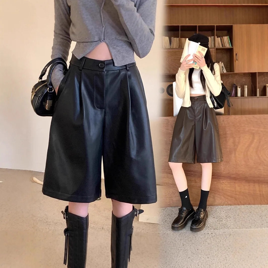 High Waist Loose Casual PU Leather Short Boot Pants Women's Autumn Winter A-Line Five-Quarter Pants Small Size Wide Leg Pants