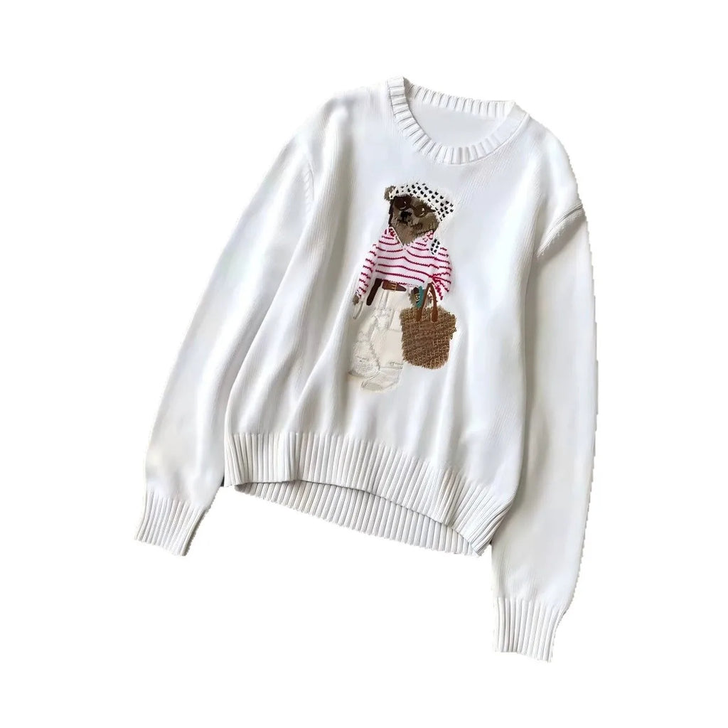 Loose Fit round Neck Knitwear Summer Women's Style Cotton Linen Blend Long Sleeve Casual Top Animal Pattern Embroidered