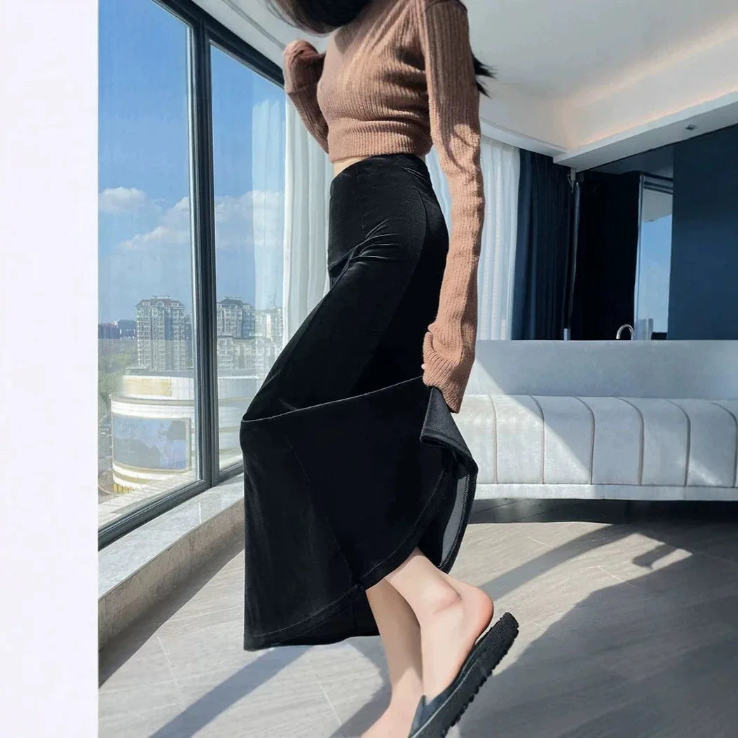 Elegant Long Velvet Skirt Women's High Waist Slim Fit Fish Tail Hem Draping Slimming Full Length Half Body Skirt