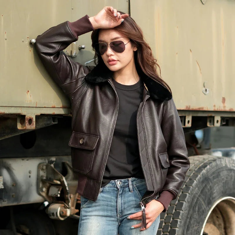 Dark Brown G1 Pilot Leather Jacket Women Military Style Plus Size 3XL Genuine Natural Cowhide Wool Collar Flight Leather Coat