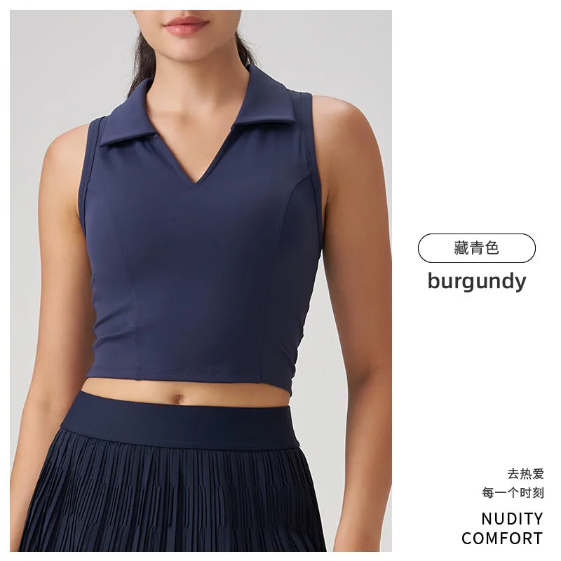 Outdoor Fitness Tennis Outfit Polo Shirt Sleeveless Collared Yoga Vest Breathable Nylon Spandex Slim Fit Youth Women's Top