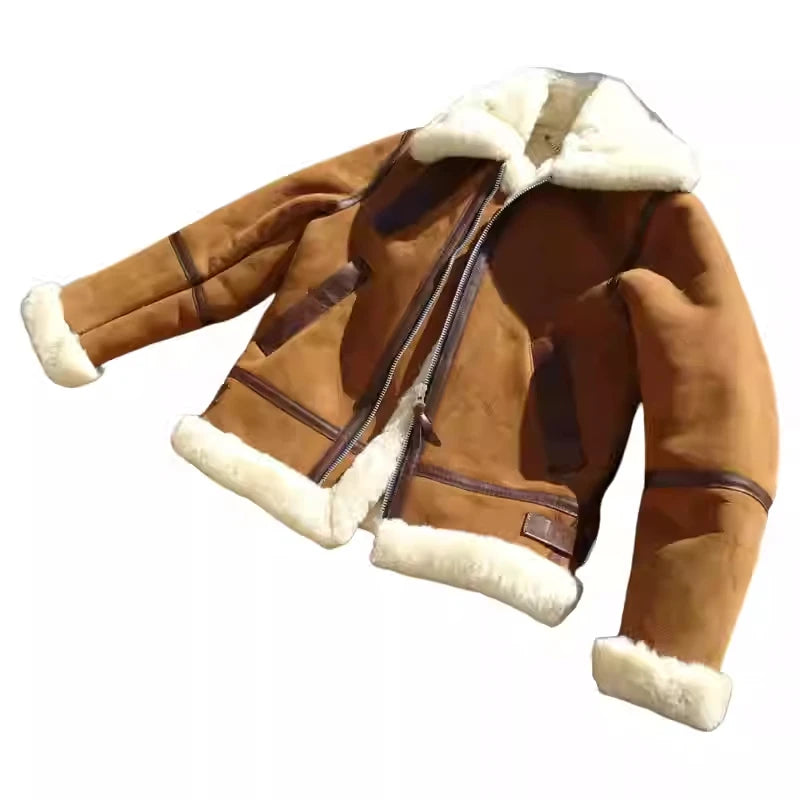 Brown Winter Shearling Jacket Men Military Style Plus Size 4XL Genuine Natural Thick Sheepskin Turn-Down Collar Flight Coat