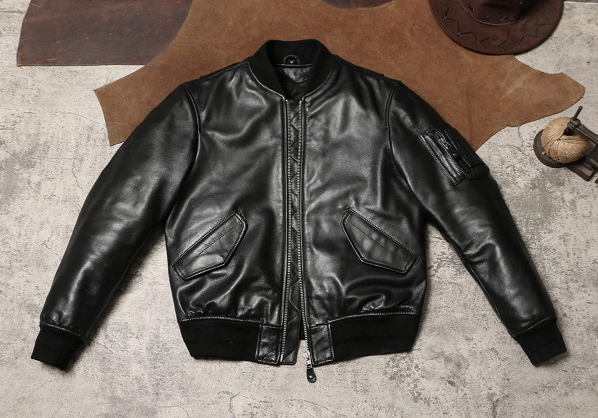 Black Winter Leather Jacket Men Military Style Plus Size 5XL Genuine Natural Sheepskin Thick Warm MA1 Flight Leather Coat