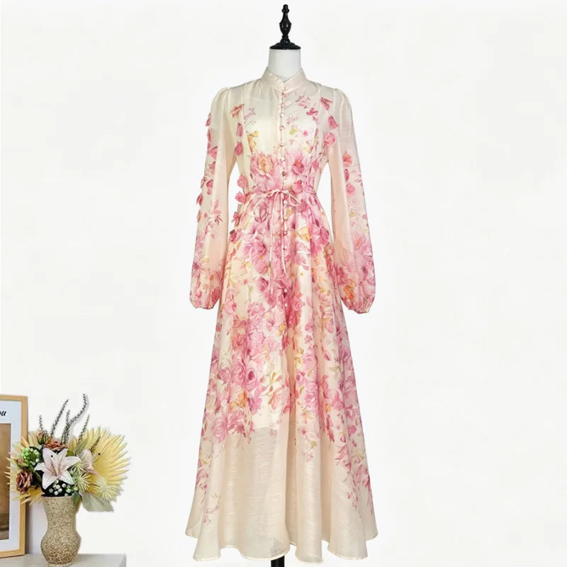 Elegant Street Style Long Dress with Lantern Sleeves Single Button Stand Collar Floral Print High-End Feeling for Ladies
