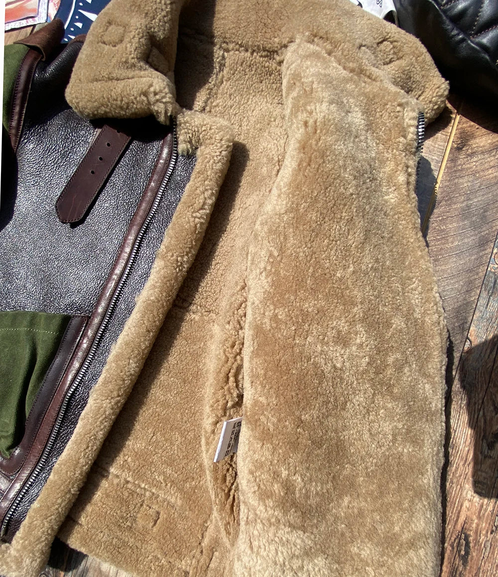 Dark Brown Winter Shearling Jacket Men Retro Style Plus Size 6XL Genuine Natural Thick Sheepskin Turn-Down Collar Flight Coat