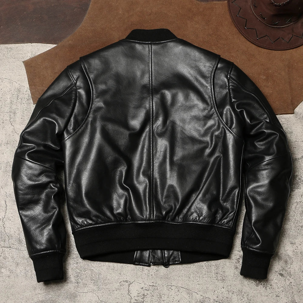 Black Winter Leather Jacket Men Military Style Plus Size 5XL Genuine Natural Sheepskin Thick Warm MA1 Flight Leather Coat