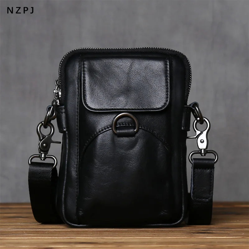 NZPJ Genuine Leather Men's Shoulder Bag Casual Crossbody Bag Top Layer Cowhide Belt Waist Bag Multi Compartment Phone Bag