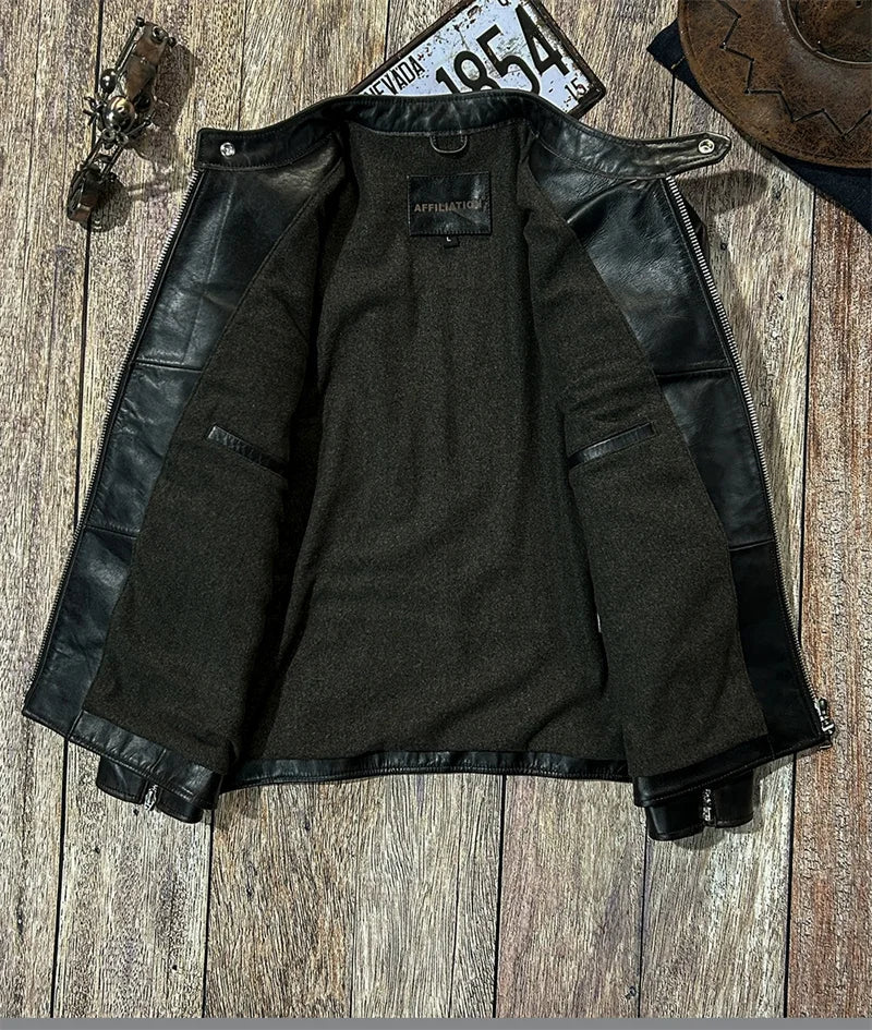Black Winter Leather Jacket Men Vintage Style Plus Size 5XL Genuine Natural Cowhide Stand Collar Slim Fit Leather Coat