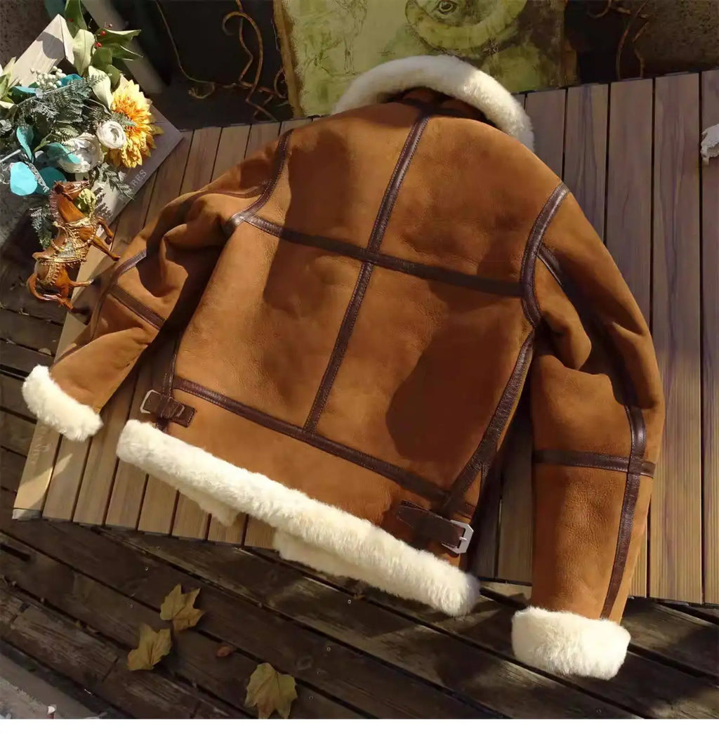 Brown Winter Shearling Jacket Men Military Style Plus Size 4XL Genuine Natural Thick Sheepskin Turn-Down Collar Flight Coat