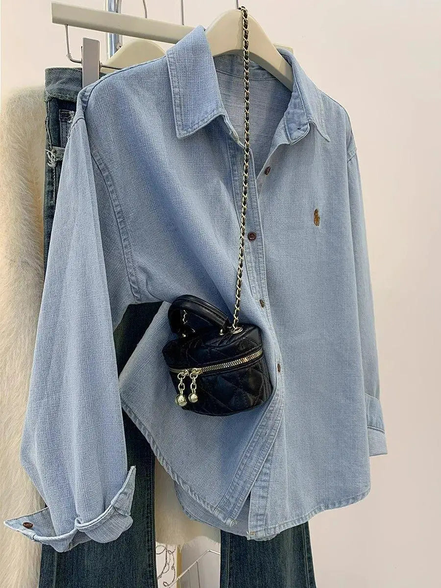 Retro Blue Shirt Women Early Spring Autumn Casual Long Sleeve Shoulder Bared Inner Wear Loose Outerwear Shirt Jacket