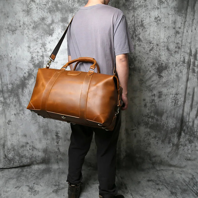 NZPJ Vintage Genuine Leather Men's Travel Bag, Large Capacity Luggage Bag, Crazy Horse Leather Handbag, Natural Cowhide Crossbod