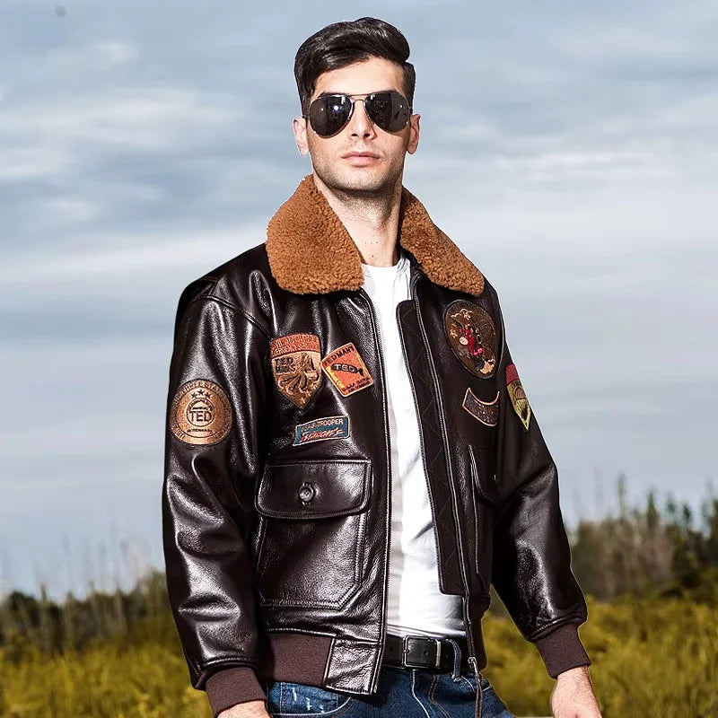 Dark Brown Winter Leather Jacket Men Retro Style Europe Size Genuine Natural Thick Cowhide Turn-Down Collar G1 Flight Coat